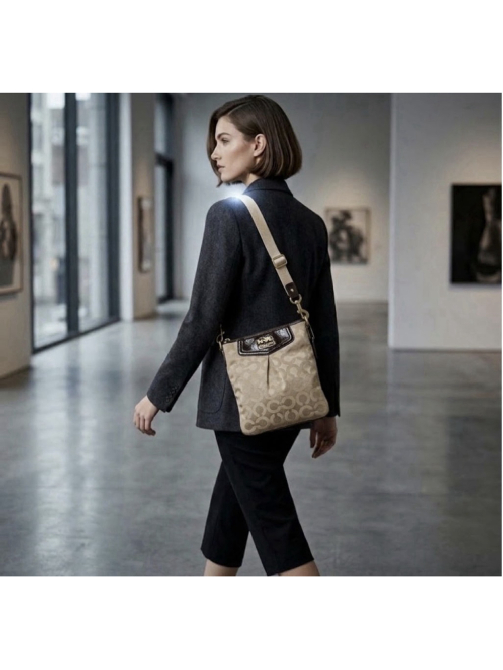 Coach Madison Op Art Swingpack Crossbody Bag Khaki Champagne Jacquard 43430